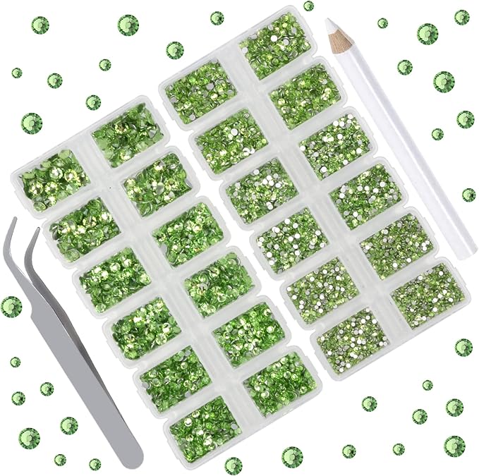 10000 Pieces Rhinestones 6 Sizes Round Crystal Glass Flat Back Rhinestones with 1Tweezers and 1Picking Pen for Nail Art Crafts Clothes Bags DIY (Peridot)