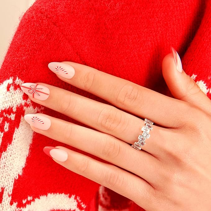 KISS Voguish Fantasy Holiday Press On Nails Almond, ‘Warm n Cozy’, Nude, Medium Length, No Damage To Natural Nails, Pink Gel Nail Glue (2g), Mini Nail File, Manicure Stick, & 28 Fake Nails