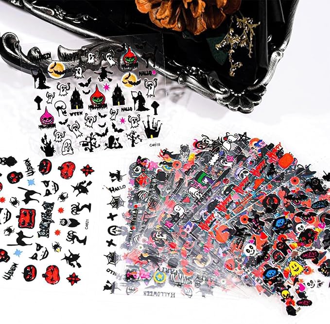 30 Sheets Halloween Nail Stickers 3D Self-Adhesive Pumpkin Nail Stickers for Nail Art Bat Skull Nail Art Stickers Ghost Nail Decals Holiday Nail Design Accessories for Women
