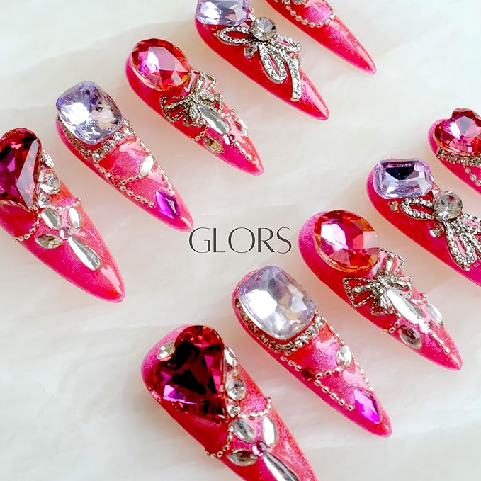 [GLORS] Luxury Press-On Nails, Pink Glitter False Nails with Rhinestones and Pearl Chain in Long Stiletto, 10 Pieces (M, LS)