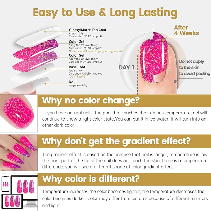 YTD Likomey Brocade Glitter Color Changing Gel Nail Polish,15ml Hot Pink To Violet Shimmer Glitter Mood Temperature Change Colors Iridescent Flakes,Fall Winter Thermal Ombre UV Nail Gel,WB351