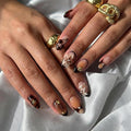 Almond Press on Nails Short Fake Nails Brown Artificial Nail Seeneey Cherry Tortoise Shell and Gold Charm Designs Flowers Stick on Nail for Women 24pcs