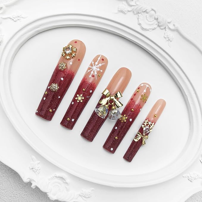 2025 New Long Handmade PMMA Acrylic Nails Red with Snowflake Rhinestone Bell Design Reusable Full Coverage False Nail Ladies False Nail Set (Snowflake, Medium)