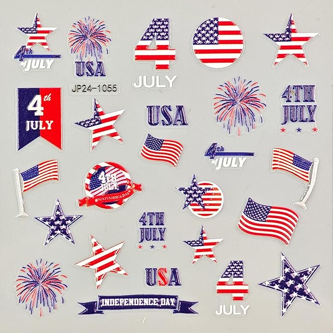 4th of July Nail Art Stickers Set 5D Embossed Red Blue USA Flag Nail Decals 4PCS Five-Pointed Star America UK Flags Design Independence Day Nail Adhesive Stickers for DIY Nail Art Decorations