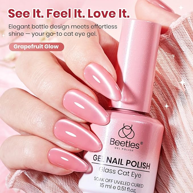 Beetles Grapefruit Glow Pink Cat Eye Gel Nail Polish - 15ML Spring Gel Polish Glitter Pink Cat Eye Magnetic Translucent Glassy Effect Soak Off UV French Nail Art Design DIY Manicure Gift for Women