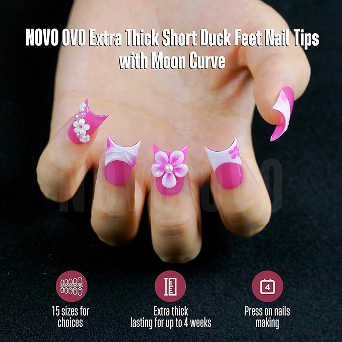 NOVO OVO Halloween Extra Thick Short Duck Feet Nail Tips with Moon Curve Full Cover Press on Acrylic, Clear Pre-Etched Matte Flare Wide French Soft Gel Fake False Nail Extension x 15 Sizes 240 pcs