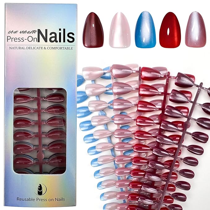 150 Pcs Cat Eye Press on Nails Short Almond Fake Nails Tips Glitter Soft Gel Stick on Nails Glossy Acrylic Glue On Nails Reusable False Nails for Women DIY Nail Art Manicure 15 Size