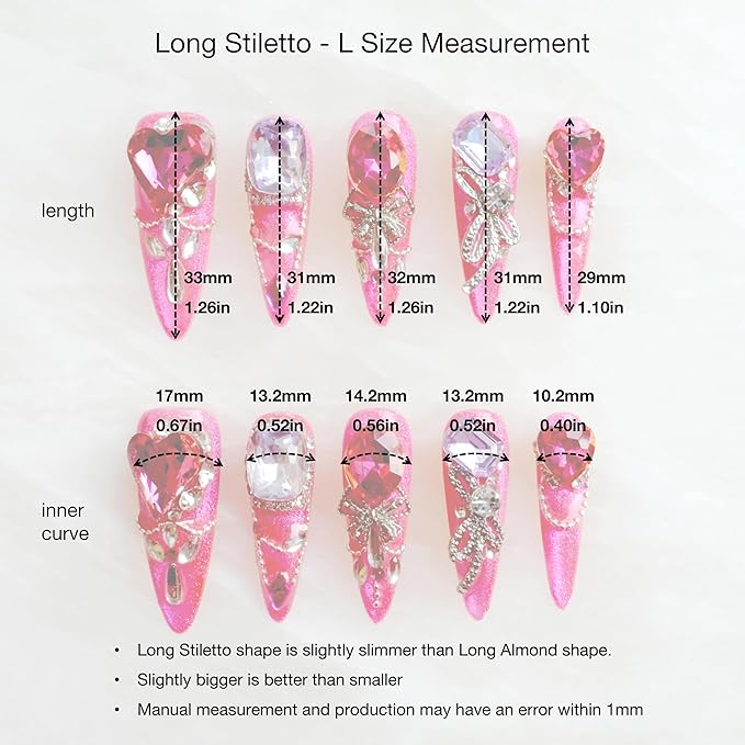[GLORS] Luxury Press-On Nails, Pink Glitter False Nails with Rhinestones and Pearl Chain in Long Stiletto, 10 Pieces (L, LS)