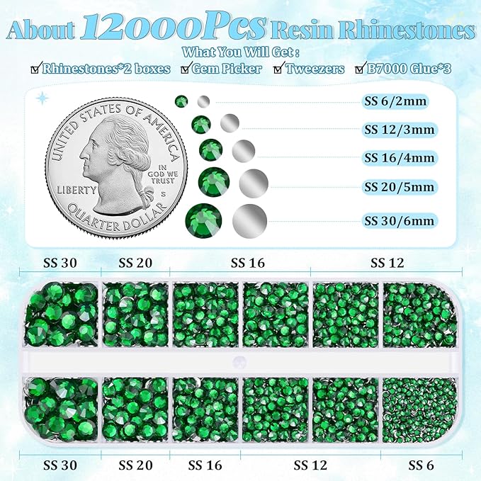 12000Pcs Resin Rhinestones for Bedazzling with 3Pcs B7000 Jewelry Glue, 2 Boxes Emerald Green Flatback Rhinestones for Crafting Crafts DIY, Crystals Gems for Clothing Shoes Tumblers Nail Art Makeup