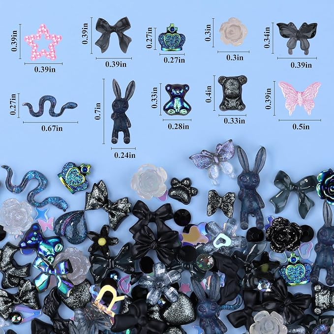 100 Pieces 3D Resin Butterfly Bear Nail Charms Rose Flower Peach Skirt Bow Deer Snake Rabbit Animal Shaped Nail Art Rhinestones Pearls for DIY Nail Art Decoration Making Craft (Black)