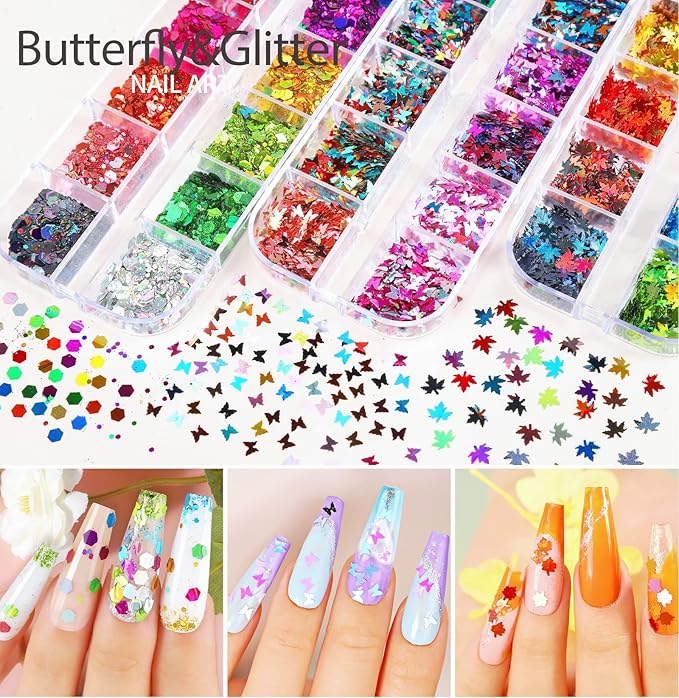 Teenitor 12 Sheets Nail Art Sticker Self-Adhesive, Flower Nail Stickers 5D Embossed Nail Decals, 5 Boxes Nail Glitter Sequins Flakes, Nail Art Design Tools Self Adhesive