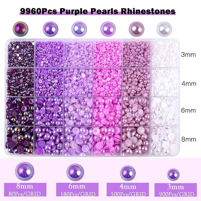 9960 Purple AB Pearls Rhinestones, Assorted Size 3/4/6/8mm Flatback Half Pearls for Crafts, Tumblers, Shoes, Nails, Face Art