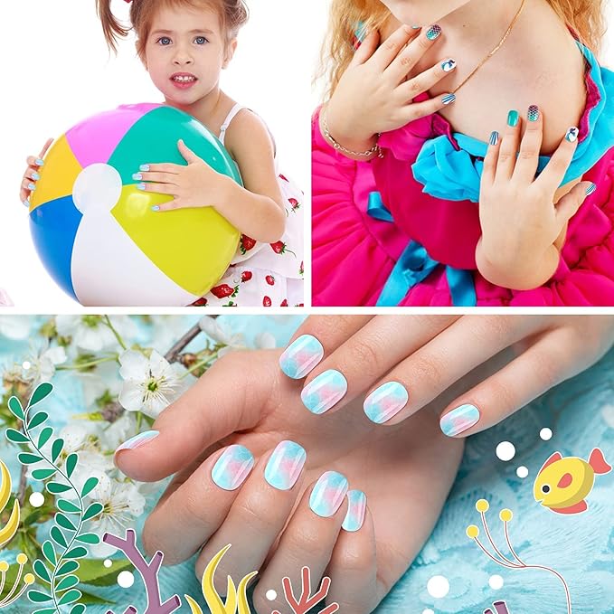 JANYUN 96 Pcs Kids False Nail Press on Nails Full Cover Short False Nails Children Nail Tips Lovely Gift for Kids Little Girls Nail Art Decoration (Blue Theme)