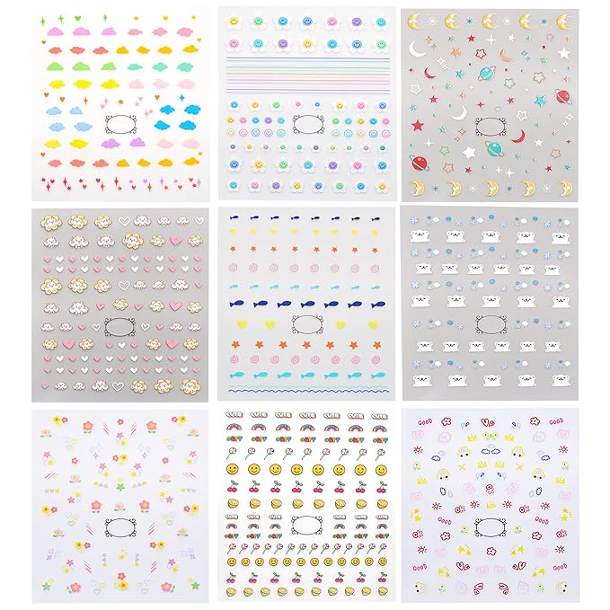 Cute Nail Stickers for Kids Including Animals Flowers Cloud Star Heart and More Self Adhesive Fingernail Decal Stickers for Little Girls Women Nail Art Decoration Fun (Pack of 9)