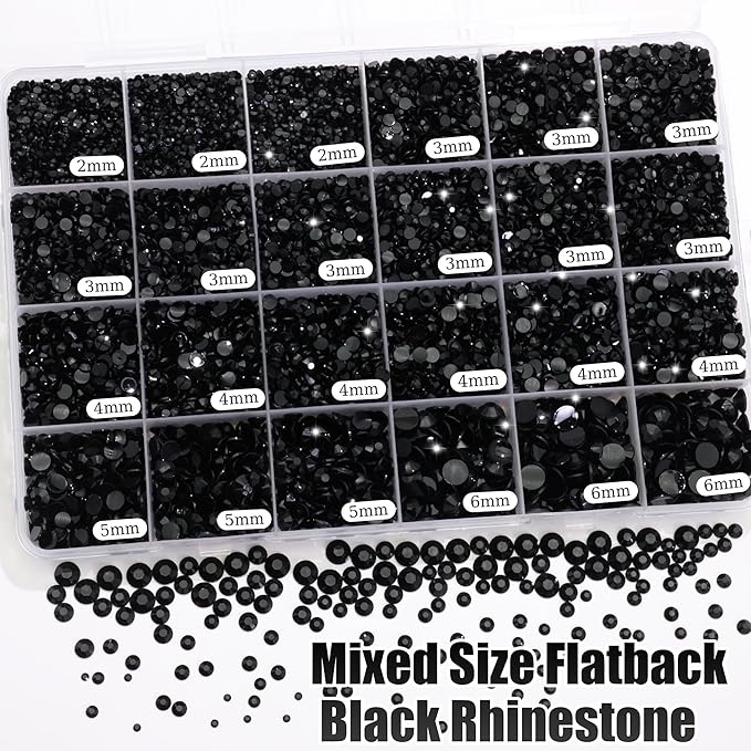 RODAKY 30000PCS Black Rhinestone Flatback Resin Gems for Bedazzling Crystal Rhinestone Beads Jewels 2Pcs 10ml B7000 Glues Tweezers Dotting Pen for DIY Crafts Clothing Shoes Nail Art