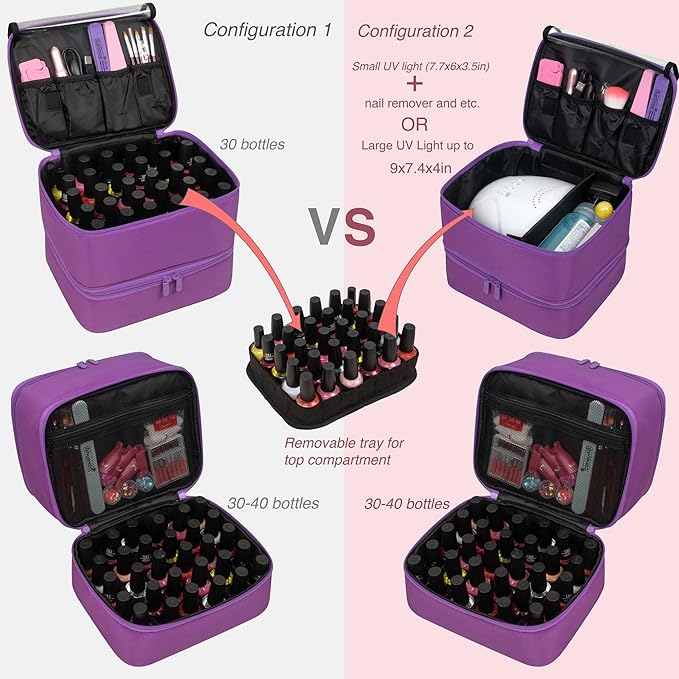 ButterFox Nail Polish Carrying Case Bag Storage Organizer, Fits up to 60 Nail Polish Bottles, Pockets for Manicure Accessories - Purple
