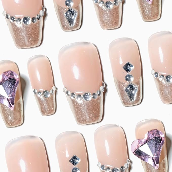Sun&Beam Nails Handmade Press-on Medium Long Coffin Ballerina Nude Gold French Rhinestone Design False Nail Tips 10 Pcs (#136 L)