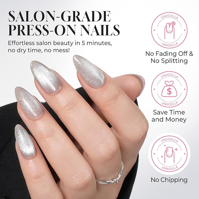 UNA GELLA 32Pcs Soft Gel Press on Nails - 16 Sizes Silver Cat Eye Almond Glue on Nails, Reusable Glitter False Nails, Full Cover Acrylic Nail Kit for Women DIY Home Manicure