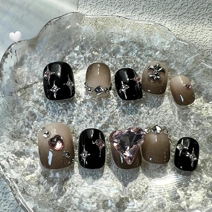 3D handmade Gel nails press on false nails short round black rhinestone bling pearl cute acrylic Reusable fake nails designed kit,10 Nails Size S #960
