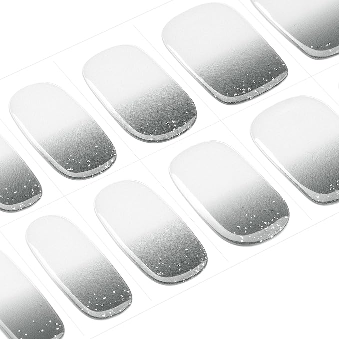 DANNI & TONI Semi Cured Gel Nail Strips Grey-to-White Ombre Glitter Gel Nail Wraps 28 Stickers | Ash Dream