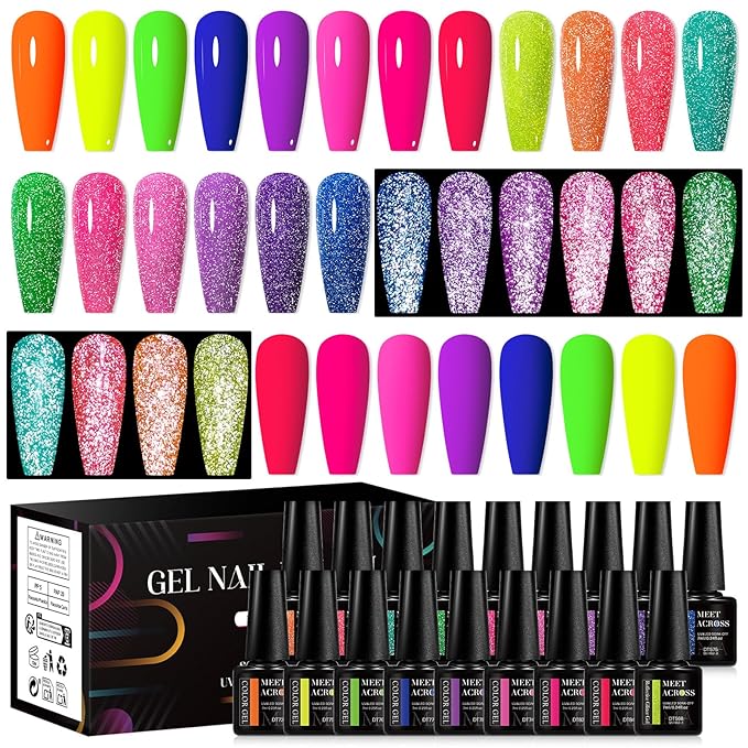 MEET ACROSS 18 Colors Gel Nail Polish Set Neon Gel Polish + Reflective Glitter Neon Gel Nail Polish Hot Pink Purple Green Soak Off UV/LED Nail Polish Kit for Party Nails