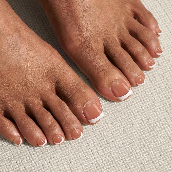 BTArtbox Press on Toenails Short, White French Tips Toenail Press Ons Square for Women, Fit Perfectly Press on Toe Nails with Glue, Fake Toenails in 16 Sizes- 32 Toenails Kit, Champ