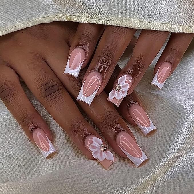 Luxury Press on Nails Medium Square Handmade 3D Unique Reusable ABS Material Fake Nails White French Tip False Nails with Designs Floral Rhinestones Elegant Glossy Glue on Nail Thick Acrylic Nail(S)