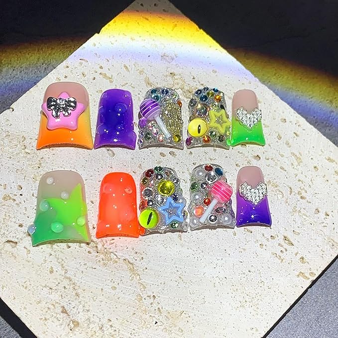 Handmade Press on Nails Medium Duck 3D Cute Thick Acrylic Fake Nails Ombre French Tip False Nails with Charms Designs Acrylic Nail Sparkly Reusable Stick on Nail for Women 10Pcs (Size M)
