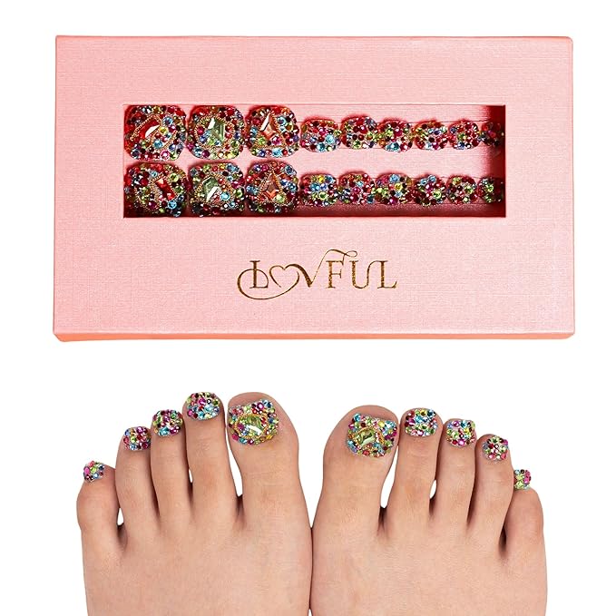 LOVFUL Press on Toenails Precious | 20 PCS Free Size Toe Nails | Reusable Fake Nails for Toe | T175
