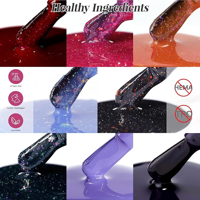 YTD Likomey Color Changing Gel Nail Polish Set,Fall Winter 8 Colors Shimmer Brocade Glitter Mood Temperature Change Colors Kit,Black Green Red Blue Purple UV Thermal Manicure Color Gel,7.5ml