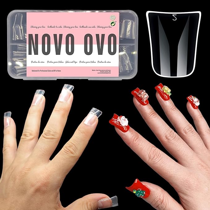 NOVO OVO Duck Feet Nail Tips for Small and Medium Hand, Extra Short Full Cover Press On Acrylic, Clear Full Coverage Thick Flare French Soft Gel Fake False Nail Extension x 12 Sizes 120 pcs