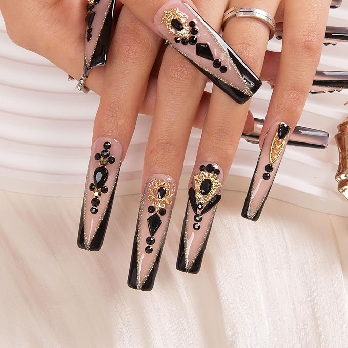 LOVFUL Press on Nails Obsidian Palace Black French Tip| Handmade with Full Covered Crystals| Reusable Fake Nails| Square Mid length 1.7in| H165-S