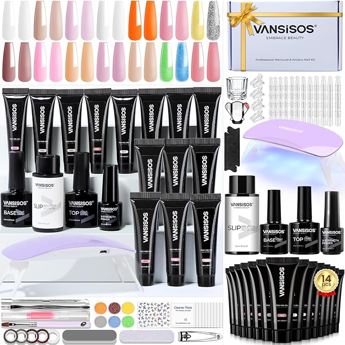 Poly Gel Nail Kit for Beginners: 14 Color Professional Gel Nail Extension Set with Slip Solution U V Lamp for DIY at Home Salon