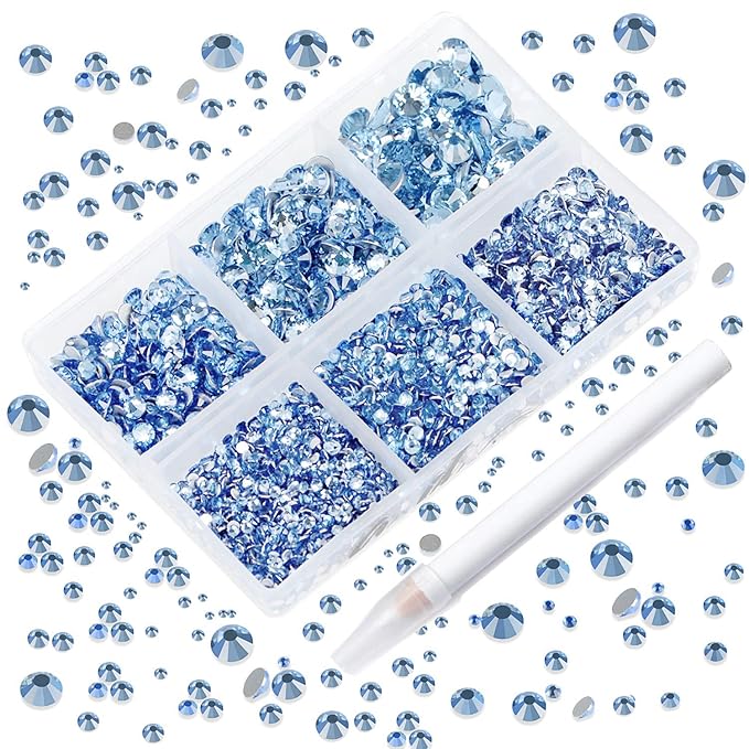 AD Beads 4300 Pieces Flat Back Nail Art Rhinestones Round Beads 6 Sizes (2-6.5mm) with Storage Organizer Box,Rhinestones Picking Pen for Nail Art Phone Decorations Crafts DIY (Light Blue)