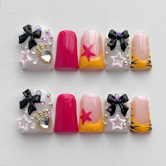 French Tip Press on Nails Handmade Short Duck 3D Thick Acrylic Nails Cute False Nails with Bow Stars Rhinestones Zebra Print Designs Kawaii Glossy Fake Nail Sturdy Art Press on Nail 10Pcs(S)