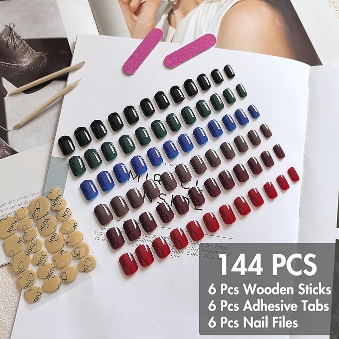 6 Pack Press On Nails Short, KQueenest Acrylic Press On Nails Square, Short Fake Nails Press On, Glossy Glue On Nails Short, Dark Color Stick On Nails for Women Winter Gift 144 Pcs
