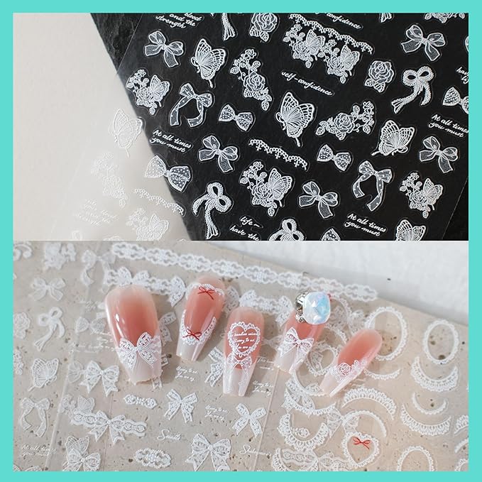 White Ruffle Lace Nail Art Stickers, Butterfly Theme Decals, Self-Adhesive, Nail Accessories for Women, French Decorations 3 Sheets