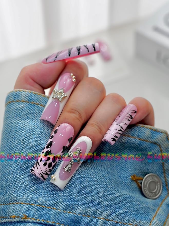 Euphrosyne Punk Y2K Press On Nails – Long Coffin Nails in Pink with Leopard & Zebra Prints, Cross Charms & Star Accents | 10pcs Glam Fake Nails for Teens and Women, Bold Nail Art for Party or Selfie