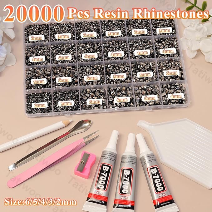 20000Pcs Dark Silver Flatback Jelly Resin Rhinestones for Bedazzling, Mix Sizes Crystal Rhinestones Gems, Dark Silver Gems Bedazzling for Crafting, Flatback Rhinestone for DIY Face Makeup Crafts