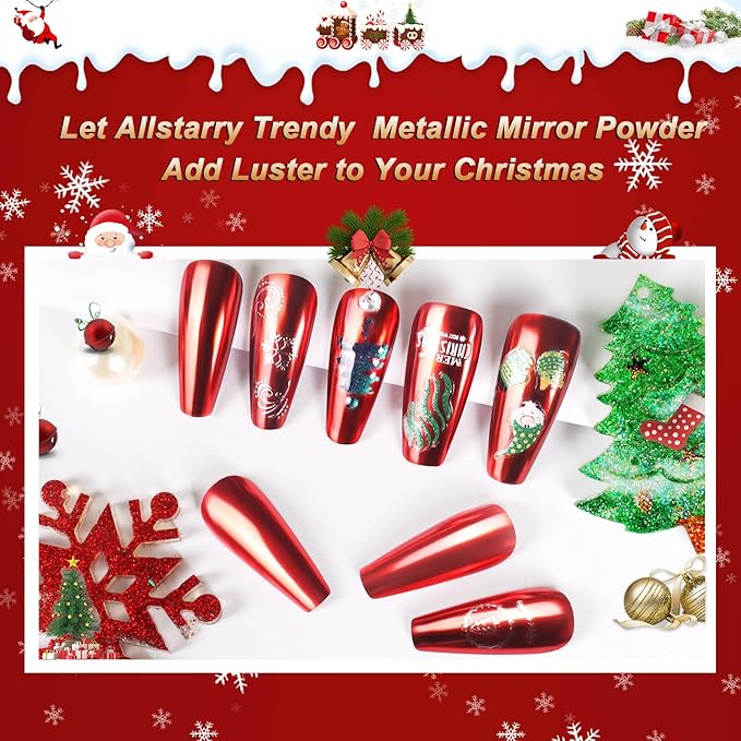 Allstarry Red Chrome Nail Powder, 2pcs Metallic Mirror Effect Dust Glitter Glazed Manicure Decoration Reflective Pigment for Gel Polish Valentines Nails Christmas Decoration- Red