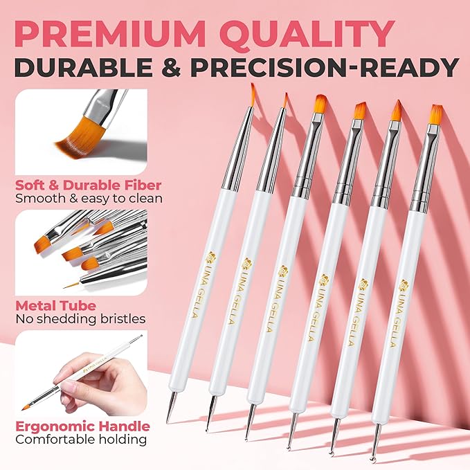 UNA GELLA Nail Art Brushes Set 6PCS White Color Nail Design Painting Brush Set Nail Dotting Tools Double-headed Nail Art Builder Gel Polish Christmas Liner Brushes for DIY Nail Drawing Supplies