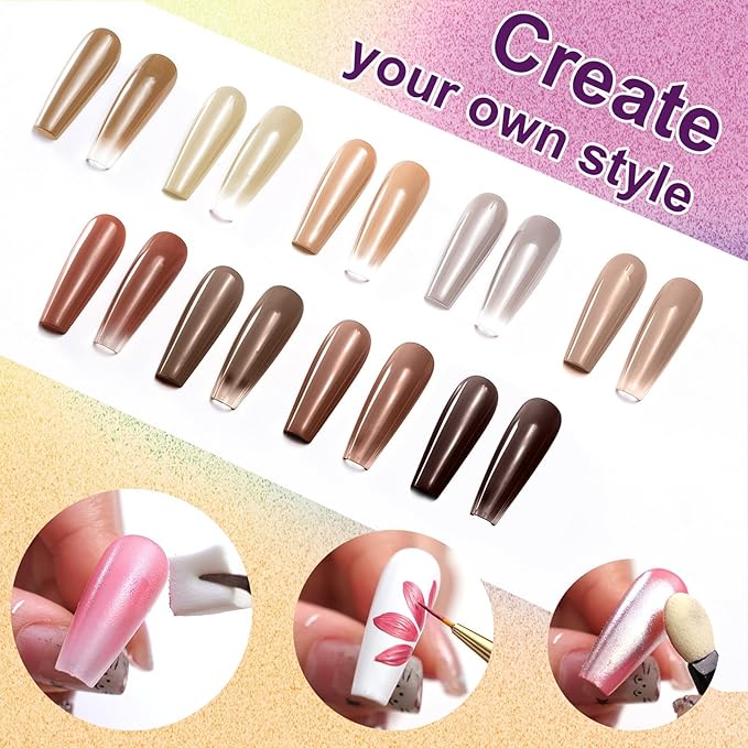 Gradient Gel Nail Set, 9 Colors Ombre Gel Nail Polish with 6 Aurora Multi-Purpose Brushes for Pigment Pat Nails French Manicure Nail DIY Painting Soak Off UV Coconut Latte