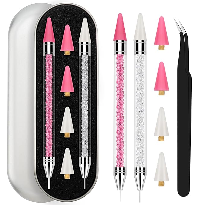 Rhinestone Picker Tool, 2 Rhinestone Tool Dual-Ended Wax Pen with 4PCS Replaceable Wax Tips and 1 Tweezers for DIY Nail Art Tool (Pink & White)