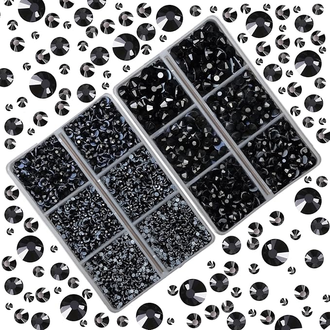 10000Pcs 2-Boxes Mixed Size Hot Fix Round Crystals Gems Glass Stones Hotfix Flat Back Rhinestones with Tweezers and Picking Pencil (Jet Black)