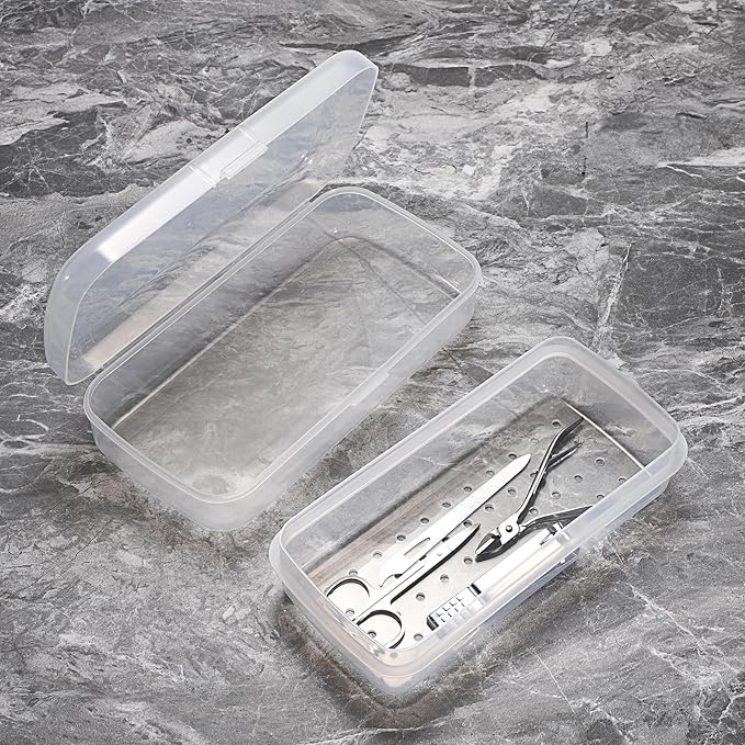 JUXYES 2 PCS Plastic Sterilizing Tray for Nail Art Accessories Tools, Portable Nail Art Tool Sterilizer Tray with Strainer, Fully Transparent Storage Box Organizer for Tweezer Manicure Tools