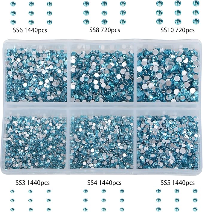 Bymitel 7200 Pieces 6 Mixed Sizes Glue Fix on Glass Rhinestones Round Crystal Gems Flatback for DIY Jewelry Making with one Picking Pen(6-Sizes 7200PCS, Aquamarine)