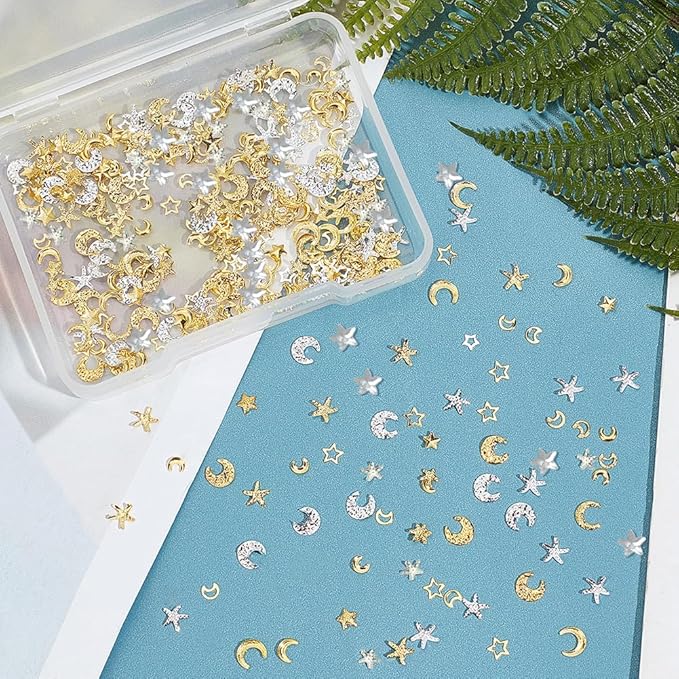 OLYCRAFT 480pcs 16 Styles Star Moon Starfish Resin Fillers Brass Cabochons Nail Art Decoration Accessories Resin Accessories Supplies for Jewelry Making Nail Art Decoration - Gold & Silver