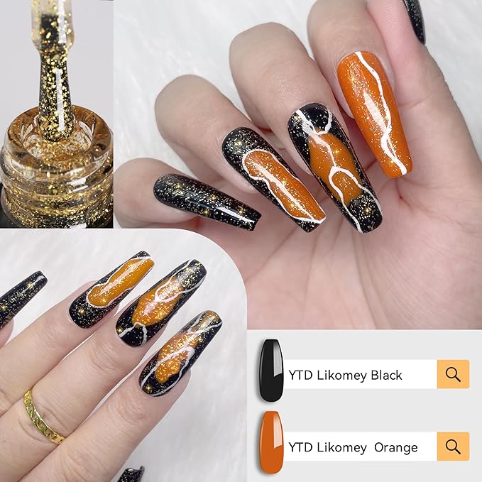 YTD Likomey Gel Polish Polish Gold Foil Top Coat,Glossy No Wipe Long Lasting Shiny Finish Clear Gold Glitter Sparkle,Salon Home DIY UV Manicure Nail Art Varnish UV Nail Gel,15ml 0.5 Fl Oz