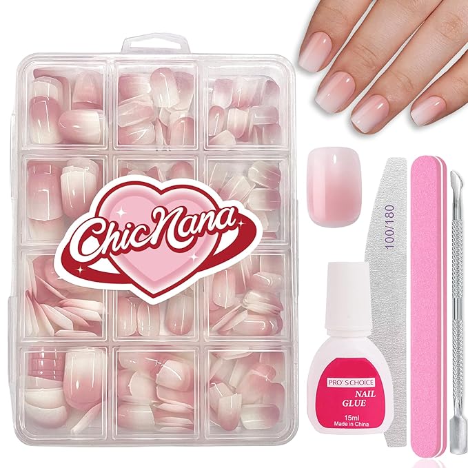 Ombre Press On Nails - 240Pcs Square Short Press on Nails, White Nail Tips Pink White Gradient Soft Gel False Nail Tips Salon Perfect Fake Nails Kit Extensions DIY (Extra Short Square)