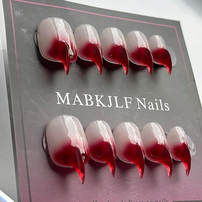 Halloween Press on Nails Luxury Short Stiletto Handmade Cat Claw Unique Reusable ABS Material Red Fake Nails Eagle Claw False Nails Gradient Glossy Glue on Nail Curved Thick Acrylic Nail(S)